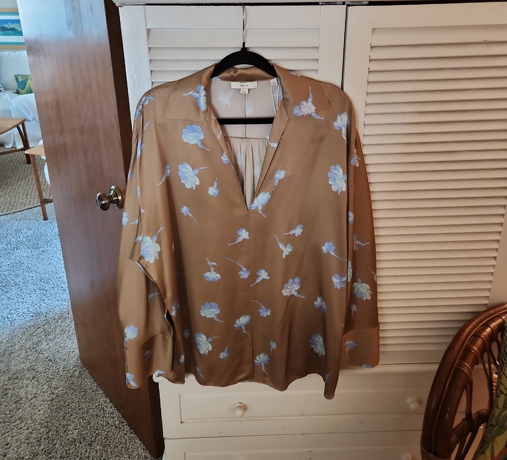 Vince Tan and Blue Floral Blouse